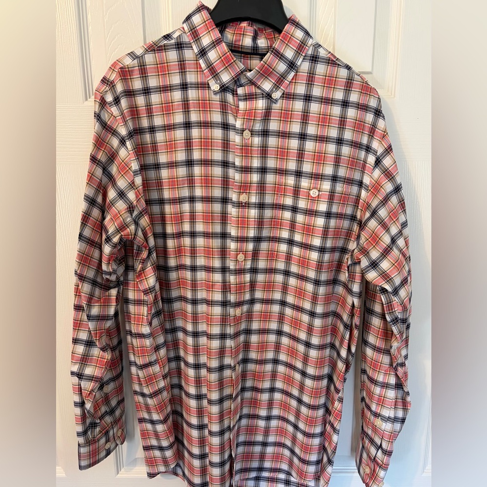 Orvis No Work Work pinpoint shirt in navy/red/white, size L